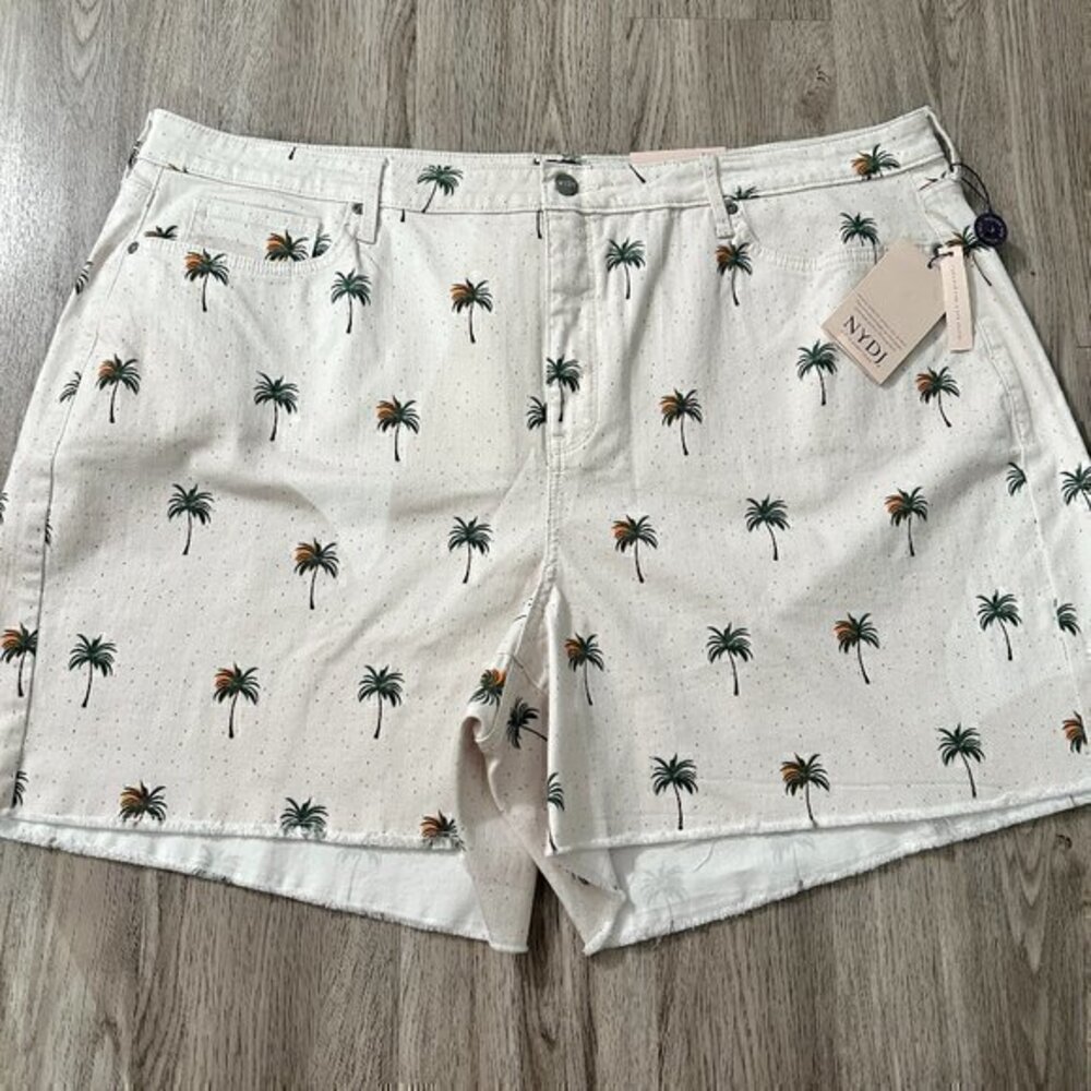 NYDJ Palm Print High Waist Frayed Hem Denim A-Line Shorts Plus Size 24W NWT